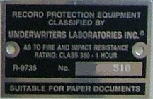 An Underwriters Laboratories Class 350 1 Hour Label